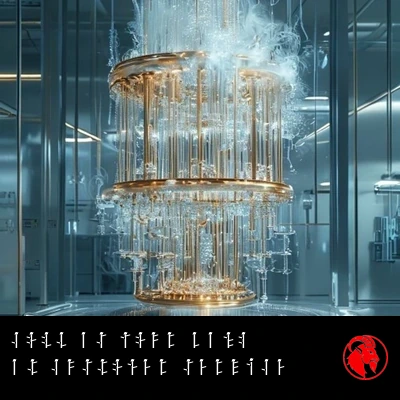A gleaming golden cryogenic quantum computer chandelier wreathed in frost and vapor in a sterile lab. Caption: As cold as your bank at customer service