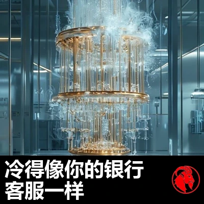 无菌实验室中一只闪亮的金色低温量子吊灯，被霜与蒸汽包裹。字幕：和你的银行客服一样冷