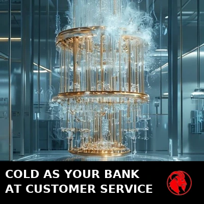 A gleaming golden cryogenic quantum computer chandelier wreathed in frost and vapor in a sterile lab. Caption: As cold as your bank at customer service