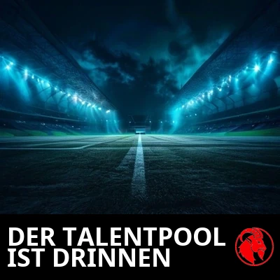 Ein leeres, nachts beleuchtetes Stadion mit einem einzigen Handy, das in der Mitte des Spielfelds leuchtet. Bildunterschrift: Die Talentschmiede ist jetzt drinnen.