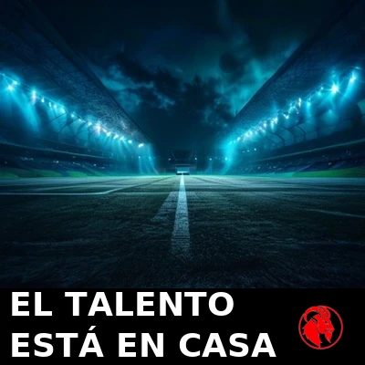 Un estadio vacío e iluminado de noche con un solo celular brillando en el centro del campo. Rótulo: La cantera está bajo techo