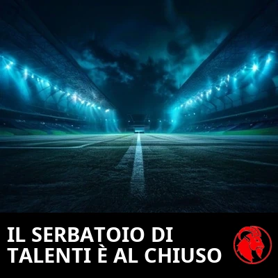 Uno stadio vuoto illuminato di notte, con un solo telefono che brilla al centro del campo. Didascalia: Il vivaio di talenti ora è al chiuso.