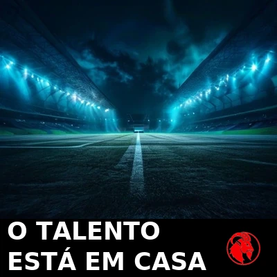 Um estádio vazio e iluminado à noite com um único celular brilhando no centro do gramado. Legenda: O celeiro de talentos está dentro de casa