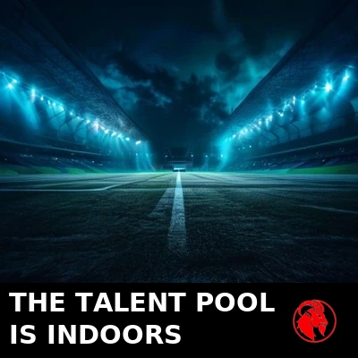 An empty floodlit stadium at night with a single phone glowing at center pitch. Caption: The talent pool is indoors