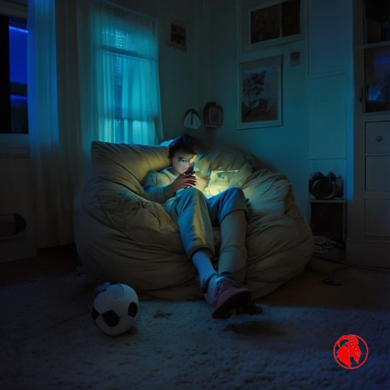 A teenager in a beanbag lit by phone glow, an untouched soccer ball nearby