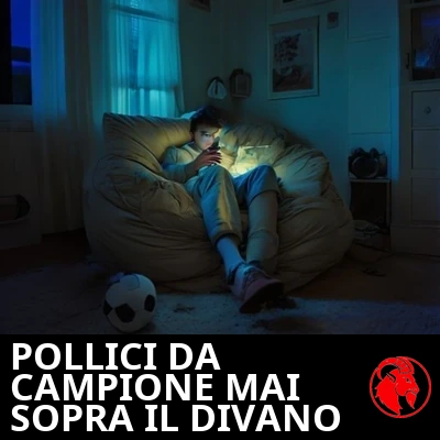 Un adolescente sprofondato in un pouf, illuminato solo dal bagliore del telefono, con un pallone da calcio intatto sul pavimento accanto a lui. Didascalia: VELOCITÀ DEL POLLICE D'ÉLITE, NON RILEVATA SOPRA IL DIVANO.
