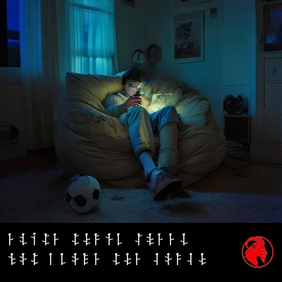 A teenager sunk into a beanbag chair lit only by phone glow, an untouched soccer ball on the floor nearby. Caption: Elite thumb speed, not found above the couch