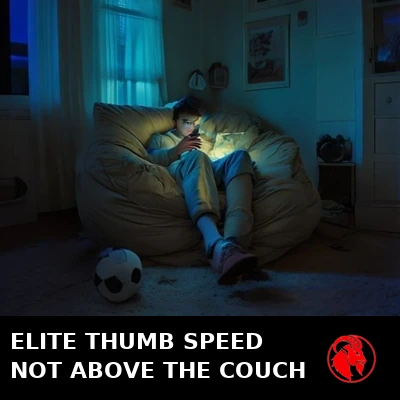 A teenager sunk into a beanbag chair lit only by phone glow, an untouched soccer ball on the floor nearby. Caption: Elite thumb speed, not found above the couch