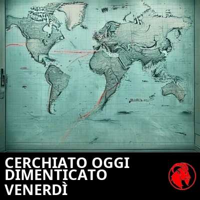 Una carta nautica alla parete di un ufficio governativo con un canale di mare cerchiato di rosso. Didascalia: Oggi lo cerchiano, venerdì lo dimenticano