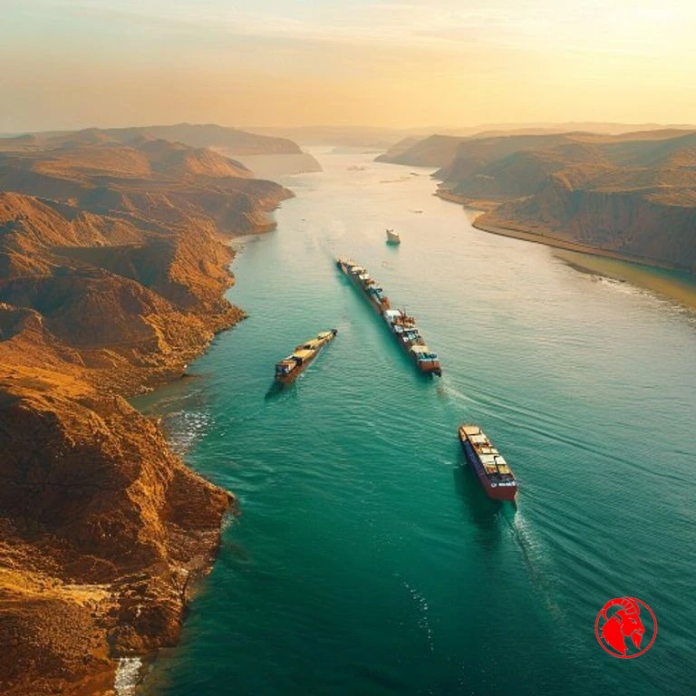 Aerial view of container ships passing through a calm shipping strait between arid mountains at golden hour