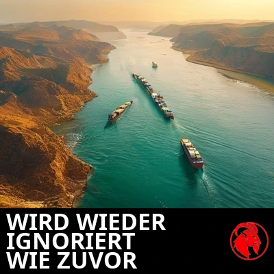Goldene Luftaufnahme von Öltankern, die in einer Reihe durch einen schmalen Meereskanal zwischen kargen Küsten gleiten. Bildunterschrift: Die Meerenge wird wieder ignoriert