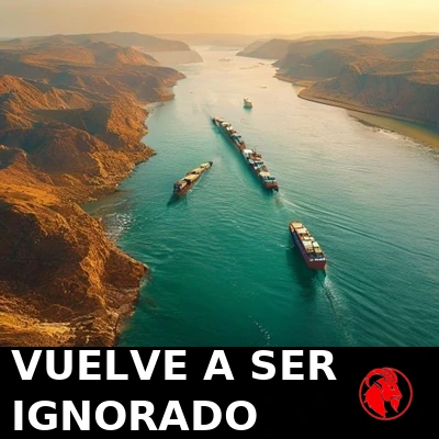 Toma aérea dorada de petroleros deslizándose en fila india por un angosto canal de mar entre costas áridas. Rótulo: El estrecho vuelve a ser ignorado