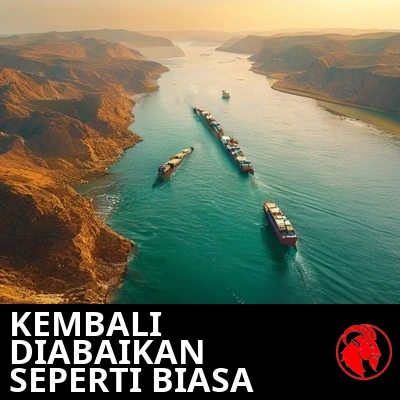 Bidikan udara keemasan kapal-kapal tanker meluncur beriringan melewati sebuah kanal laut sempit di antara pesisir yang gersang. Keterangan: Selat itu kembali diabaikan