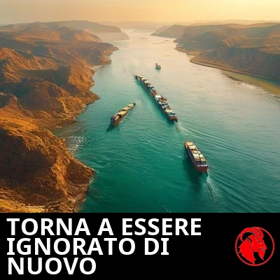 Ripresa aerea dorata di petroliere che scivolano in fila indiana lungo uno stretto canale di mare tra coste aride. Didascalia: Lo stretto torna a essere ignorato