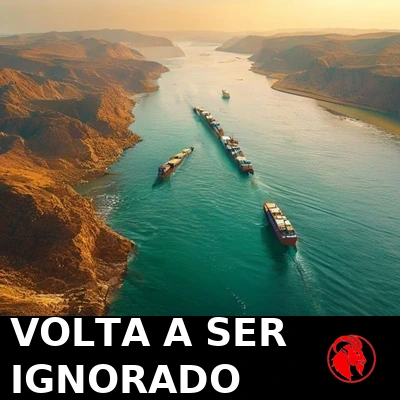 Vista aérea dourada de petroleiros deslizando em fila única por um canal marítimo estreito entre litorais áridos. Legenda: O estreito volta a ser ignorado