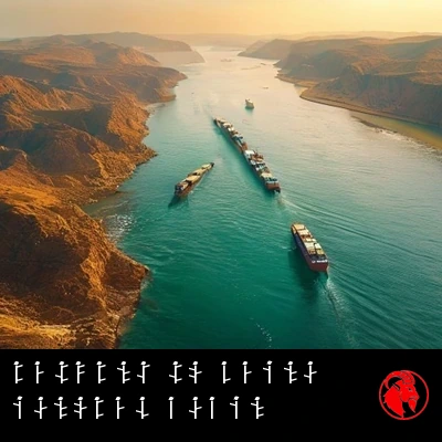 A high golden-hour aerial of oil tankers gliding single-file through a narrow sea channel between arid coastlines. Caption: The strait returns to being ignored