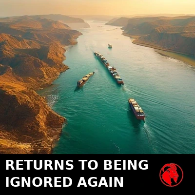 A high golden-hour aerial of oil tankers gliding single-file through a narrow sea channel between arid coastlines. Caption: The strait returns to being ignored