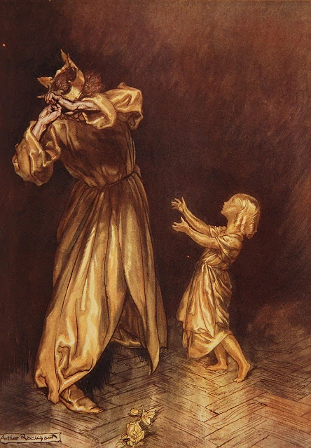 Arthur Rackham illustration of King Midas, gilded by his own golden touch, reaching for his daughter.