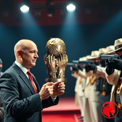 A bald FIFA president in a dark suit presents the gold World Cup trophy to a line of white-suited cartel bosses.