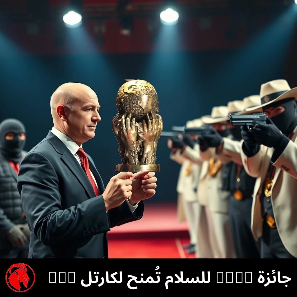 A bald FIFA president in a dark suit presents the gold World Cup trophy to a line of white-suited cartel bosses as masked gunmen aim pistols at him on a red-carpet stage.