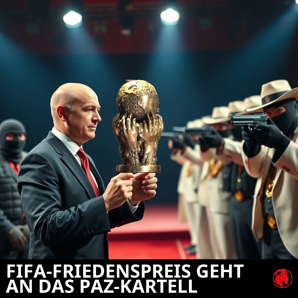 A bald FIFA president in a dark suit presents the gold World Cup trophy to a line of white-suited cartel bosses as masked gunmen aim pistols at him on a red-carpet stage.