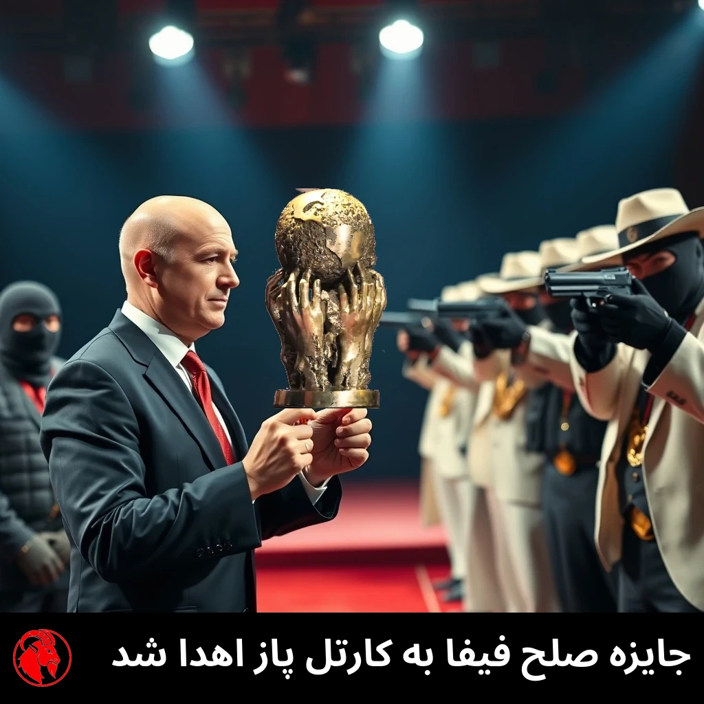 رئیس طاسِ فیفا با کت‌وشلوار تیره، کاپ طلایی جام جهانی را به صفی از رئیس‌های سفیدپوشِ کارتل تقدیم می‌کند، در حالی که مردان مسلحِ نقاب‌دار روی سنِ فرش‌قرمز به سویش تپانچه نشانه رفته‌اند.