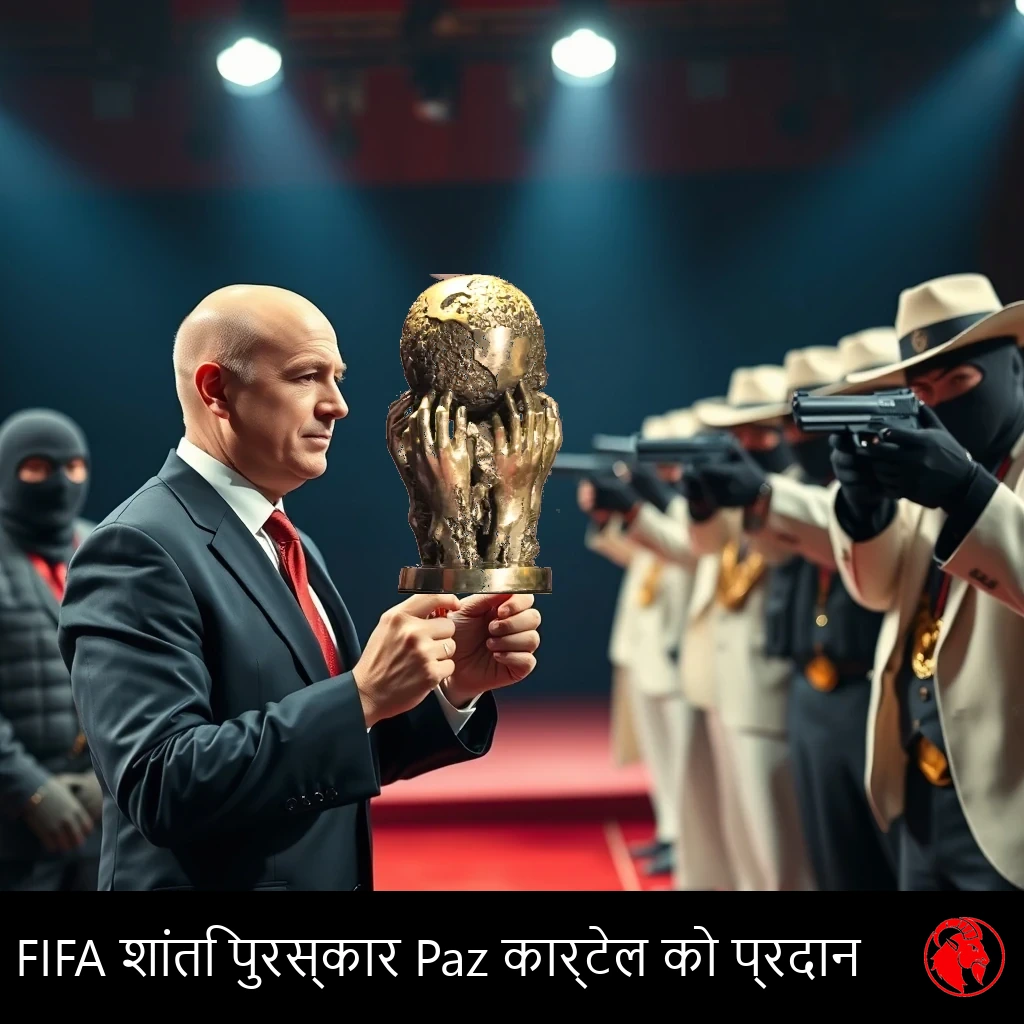 A bald FIFA president in a dark suit presents the gold World Cup trophy to a line of white-suited cartel bosses as masked gunmen aim pistols at him on a red-carpet stage.