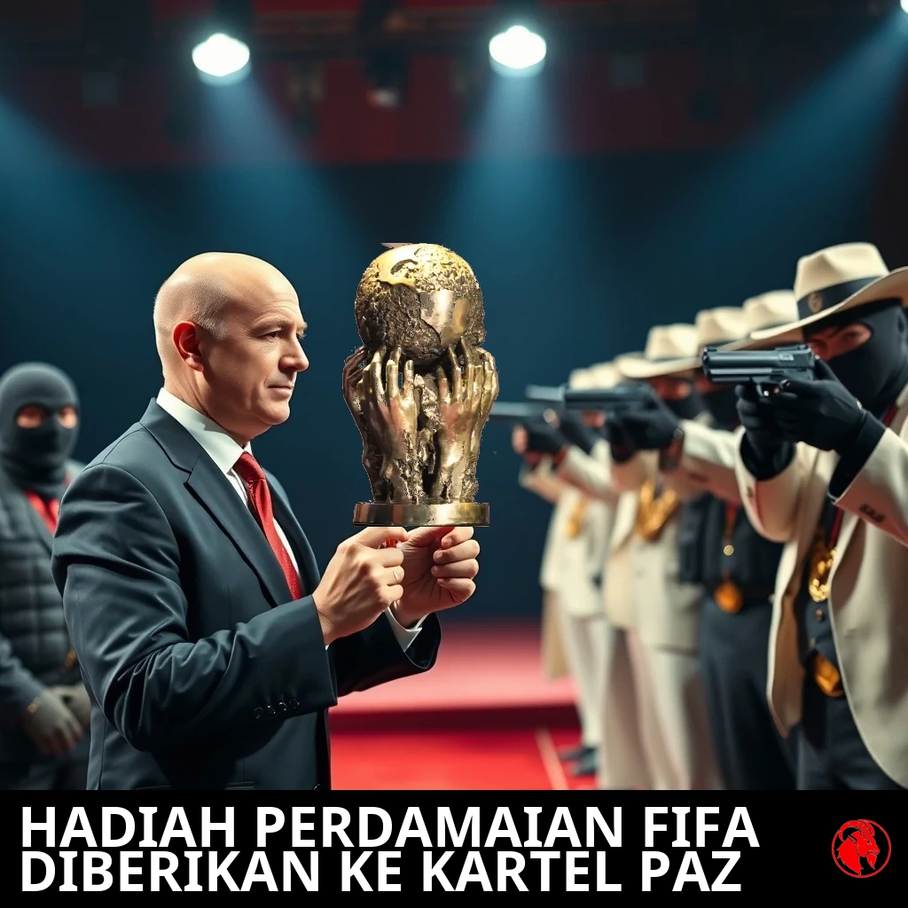 A bald FIFA president in a dark suit presents the gold World Cup trophy to a line of white-suited cartel bosses as masked gunmen aim pistols at him on a red-carpet stage.