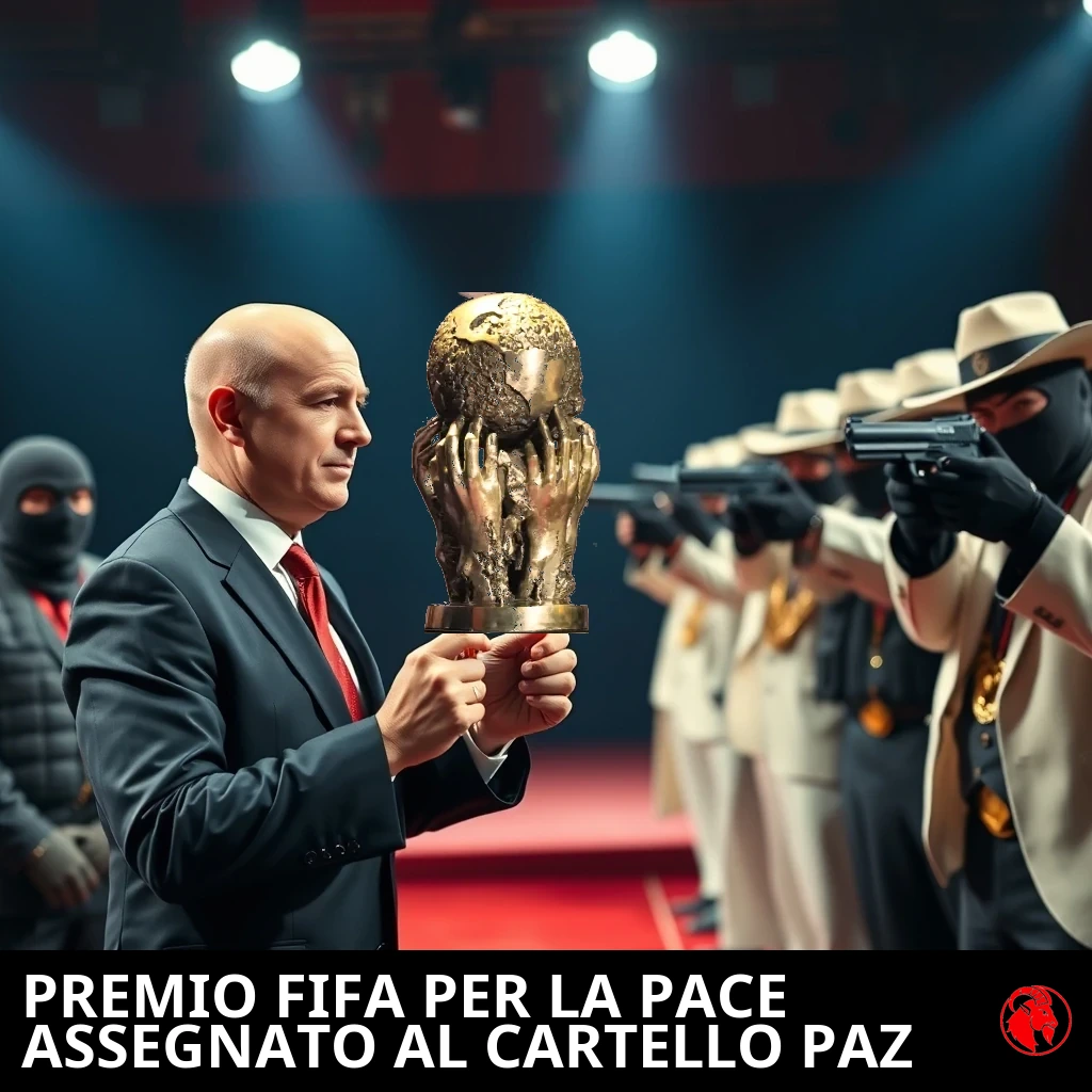 A bald FIFA president in a dark suit presents the gold World Cup trophy to a line of white-suited cartel bosses as masked gunmen aim pistols at him on a red-carpet stage.