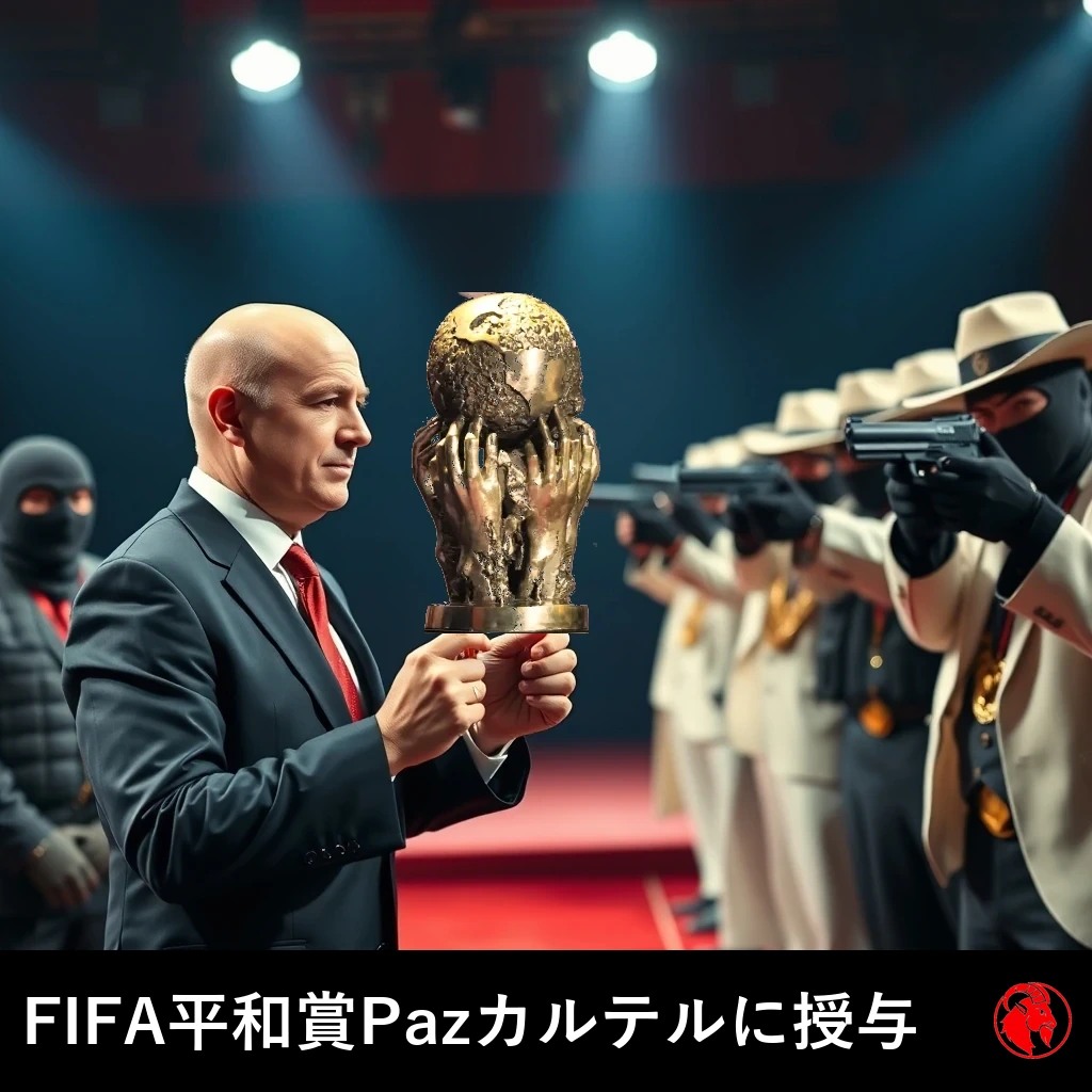 A bald FIFA president in a dark suit presents the gold World Cup trophy to a line of white-suited cartel bosses as masked gunmen aim pistols at him on a red-carpet stage.