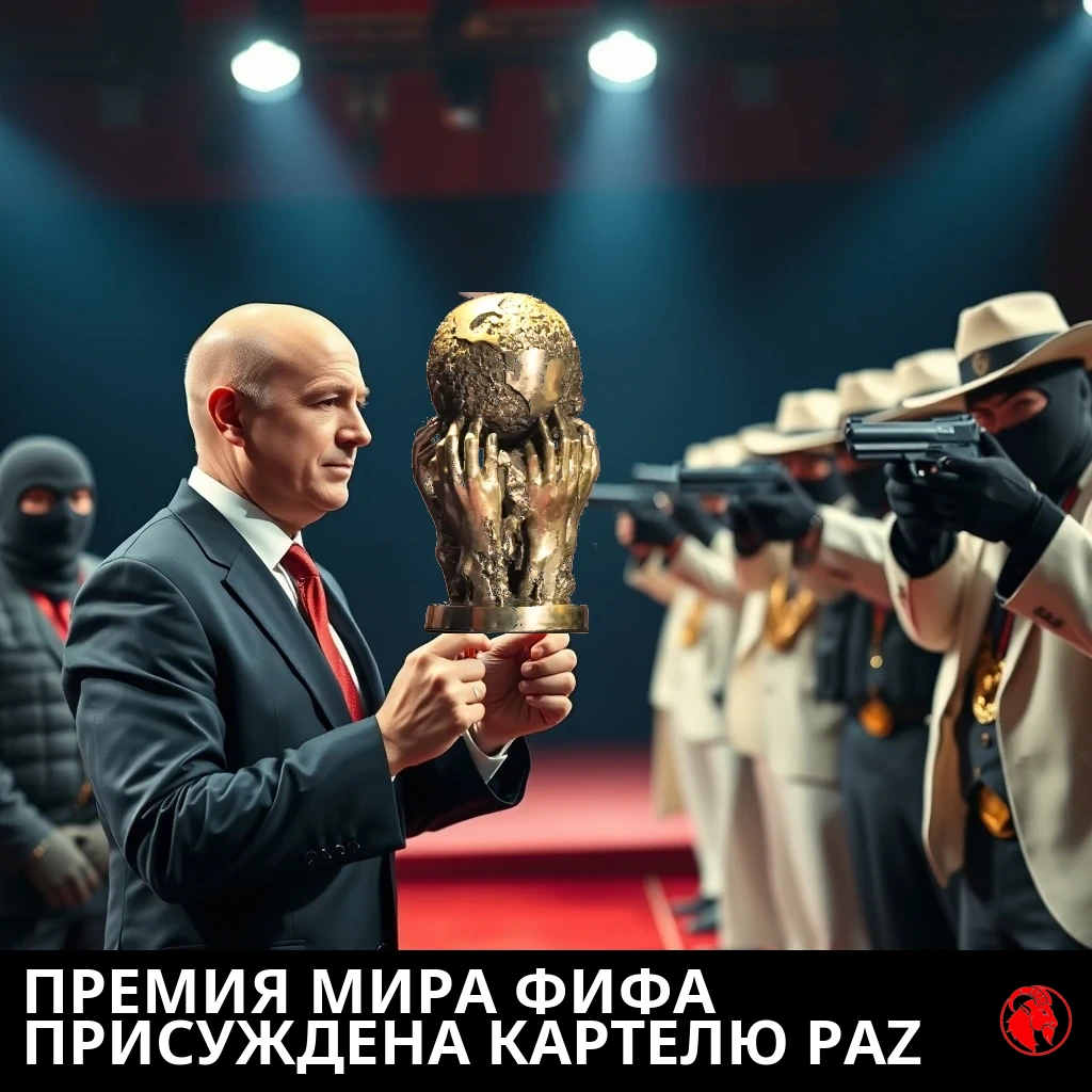 A bald FIFA president in a dark suit presents the gold World Cup trophy to a line of white-suited cartel bosses as masked gunmen aim pistols at him on a red-carpet stage.