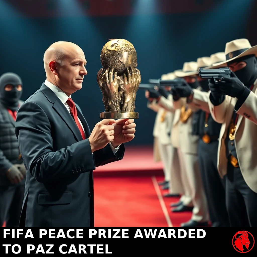 A bald FIFA president in a dark suit presents the gold World Cup trophy to a line of white-suited cartel bosses as masked gunmen aim pistols at him on a red-carpet stage.