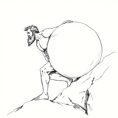 Pen-and-ink sketch of the Greek figure Sisyphus straining to push a large plain boulder up a rocky hill