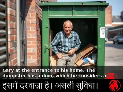 गैरी अपने कूड़ेदान के दरवाज़े पर