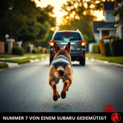 Deutscher Schäferhund von hinten gesehen, mitten im Sprung, der sich der hinteren Stoßstange eines Kombis nähert, der eine Wohnstraße hinunter wegfährt, Meme-Unterschrift: Die Nummer 7, von einem Subaru gedemütigt