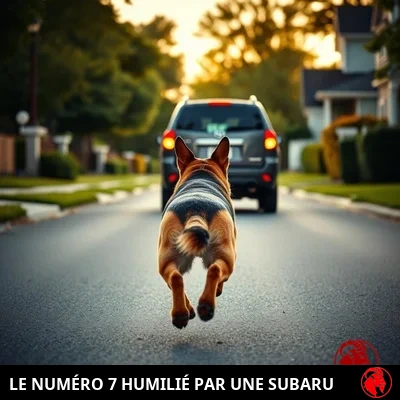 Berger allemand vu de dos, en plein bond, se rapprochant du pare-chocs arrière d'un break qui s'éloigne dans une rue résidentielle, légende meme : Le numéro 7 humilié par un Subaru