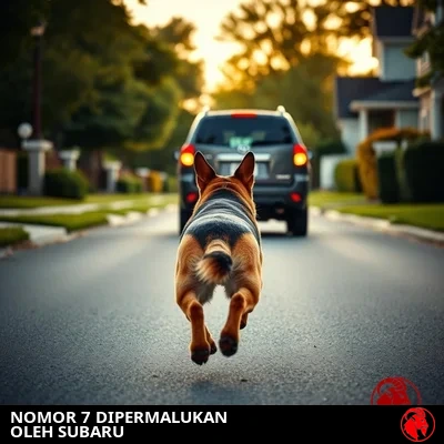 Anjing gembala Jerman diambil dari belakang dalam lompatan, mendekati bemper belakang sebuah mobil station yang melaju menjauh di jalan perumahan, takarir meme: Nomor 7 dipermalukan oleh Subaru