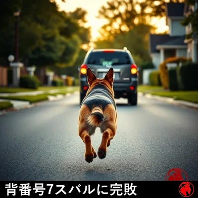 後ろから撮ったジャーマン・シェパードが跳躍の最中、住宅街の通りを走り去るワゴン車の後部バンパーに迫る、ミーム字幕「背番号7、スバルに屈辱を受ける」