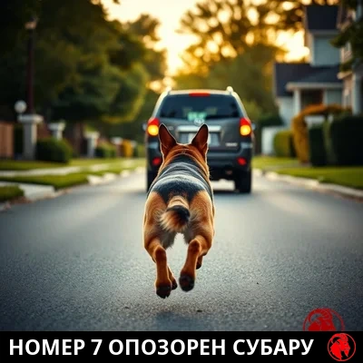 Немецкая овчарка, снятая сзади в прыжке, приближается к заднему бамперу удаляющегося универсала на жилой улице, подпись-мем: №7 опозорен Subaru