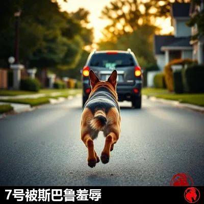 从背后拍摄的德国牧羊犬在腾空一跃中逼近一辆沿住宅区街道驶离的旅行车的后保险杠，梗图字幕：7号被斯巴鲁羞辱