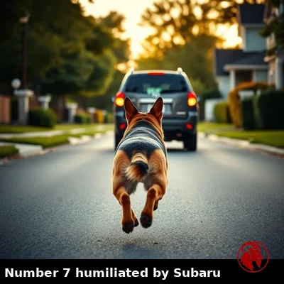 German Shepherd shot from behind in mid-leap closing on the rear bumper of a wagon car driving away down a suburban street, meme caption: Number 7 humiliated by Subaru