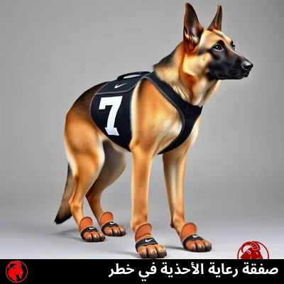 كلب راعٍ ألماني يرتدي حزام الفريق النظامي وأحذية نايكي للكفوف المعتمدة من الدوري، تعليق الميم: صفقة رعاية الأحذية في خطر