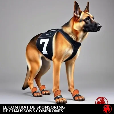 Berger allemand avec le harnais réglementaire de l'équipe et des chaussons Nike homologués par la ligue, légende meme : Contrat de sponsoring de chaussons en péril