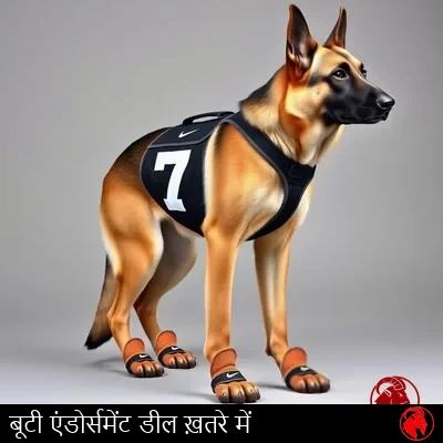 जर्मन शेफर्ड टीम के नियमानुसार हार्नेस और लीग-अनुमोदित नाइकी पंजा-जूतों में, मीम कैप्शन: बूटी का प्रायोजन सौदा ख़तरे में