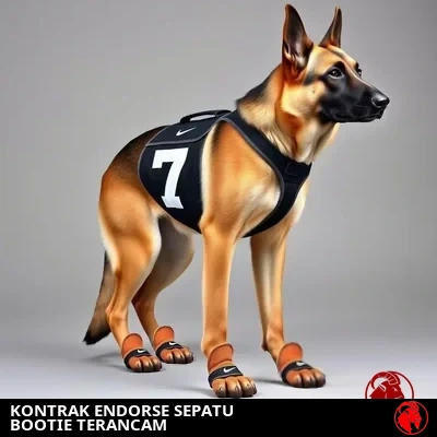 Anjing gembala Jerman mengenakan harness resmi tim dan sepatu cakar Nike yang disahkan liga, takarir meme: Kontrak sponsor sepatu bot terancam