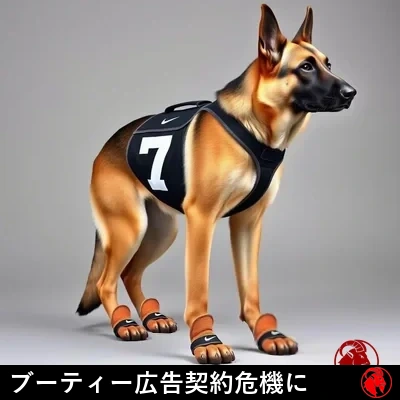 リーグ規定のチームハーネスとリーグ公認のナイキ製足装具を着けたジャーマン・シェパード、ミーム字幕「ブーティーのスポンサー契約が危機に」