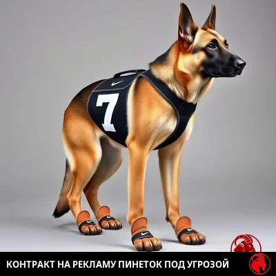 Немецкая овчарка в форменной командной экипировке и сертифицированных лигой кроссовках Nike для лап, подпись-мем: спонсорский контракт на обувь под угрозой