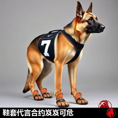 德国牧羊犬穿着球队规定的胸背带和联盟认证的耐克狗鞋，梗图字幕：狗鞋代言合同岌岌可危