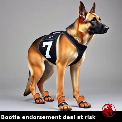 German Shepherd in regulation team harness and league-approved Nike paw-wear, meme caption: Bootie endorsement deal at risk