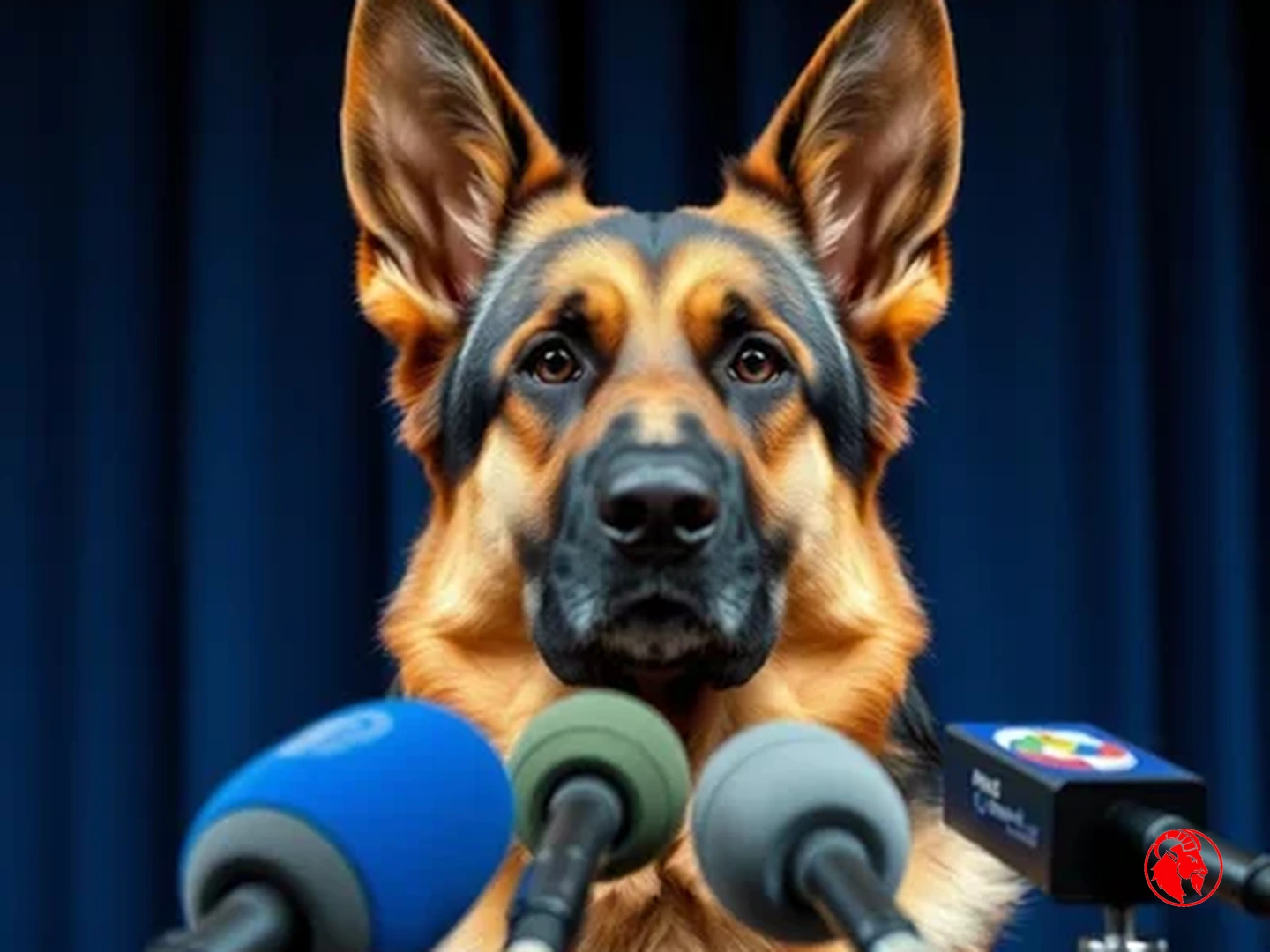 A German shepherd at a press conference podium